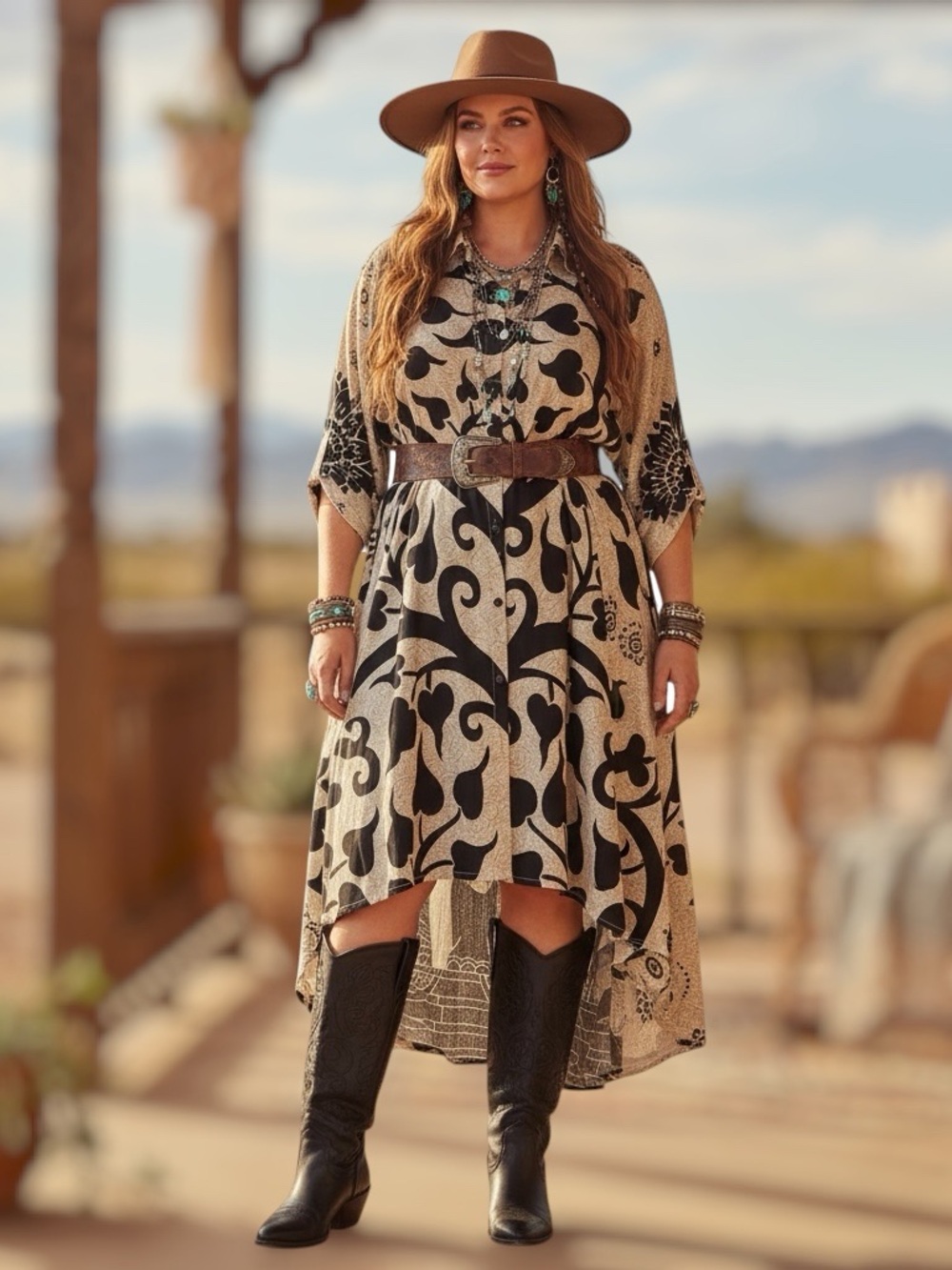 Boho High-Low Tunic Dress in Beige and Black, 1X, Cotton